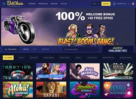 Kasino Betchain menawarkan sejumlah besar (2346) permainan kasino dengan 210 permainan slot jackpot. Pergi ke ulasan Betchain Bitcoin casino dengan mengklik gambar.