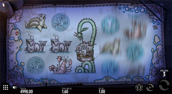 Bonus Game بازی را به تم آبی تیره با احساس طوفانی بزرگ در دریا تبدیل می کند. در وسط می توانید نماد در حال گسترش Wild را ببینید.
