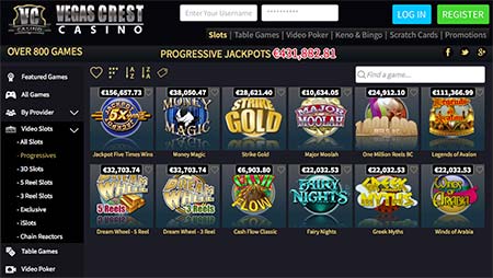 برخی از بازی های پیشرو (برنده تمام پولها) اسلات در Vegas Crest Casino.